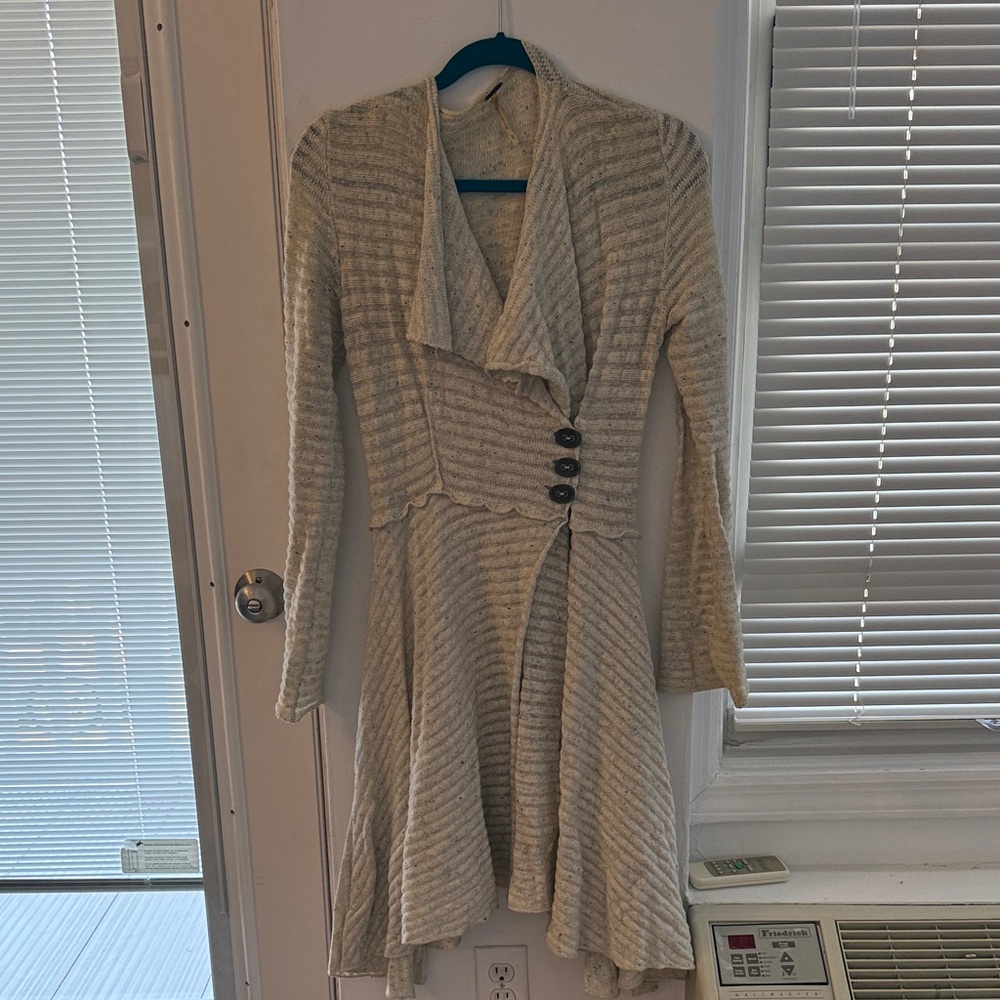 Free People Cream Ribbed Knit Coatigan with Side Buttons